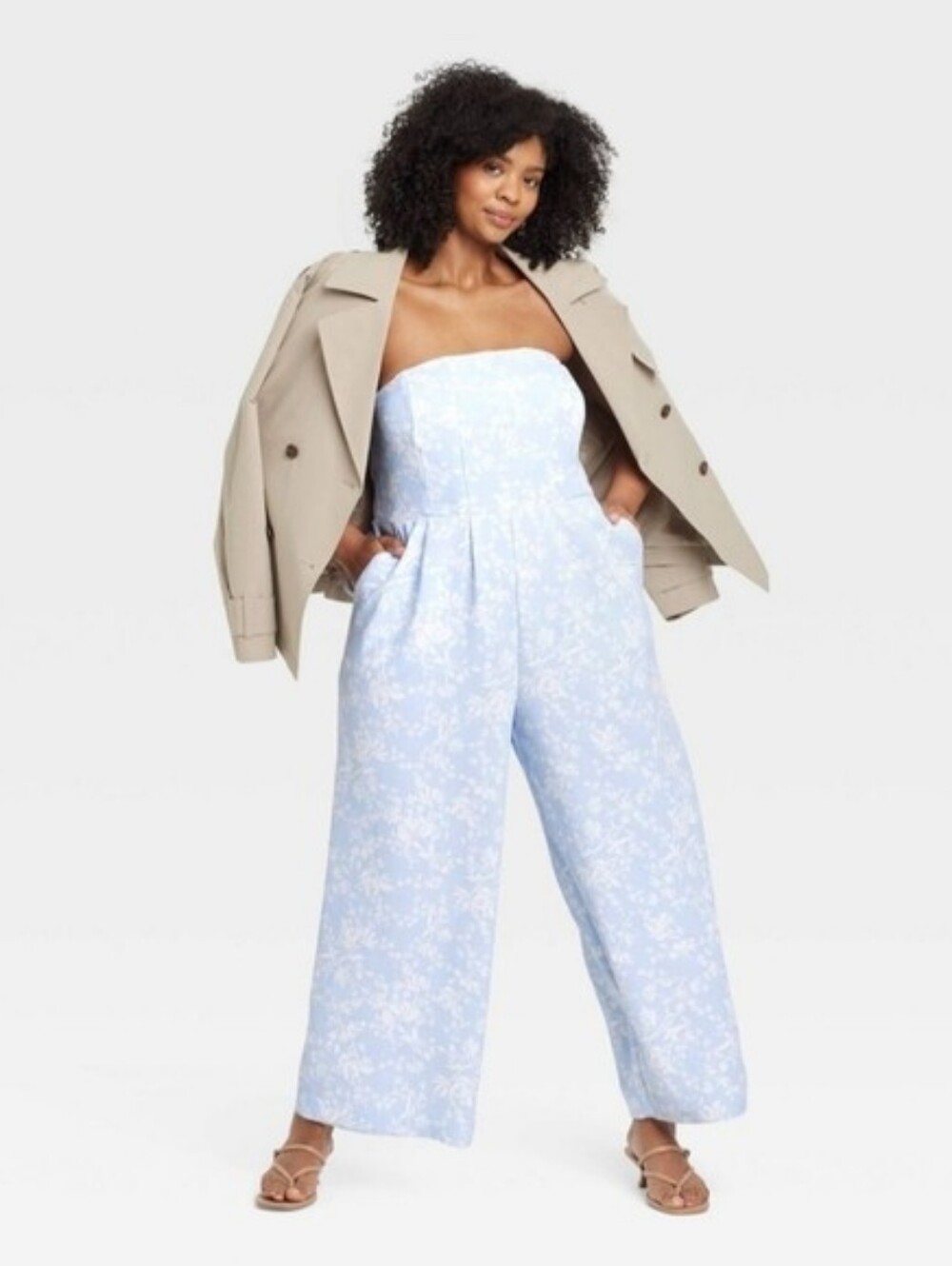 A New Day Light Blue White Floral Wide Leg Jumpsuit Size L Pockets Smocked Back